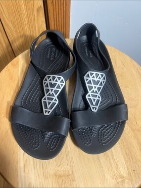 CROCS Black Slingback Sandals with Silver Geometric Accent